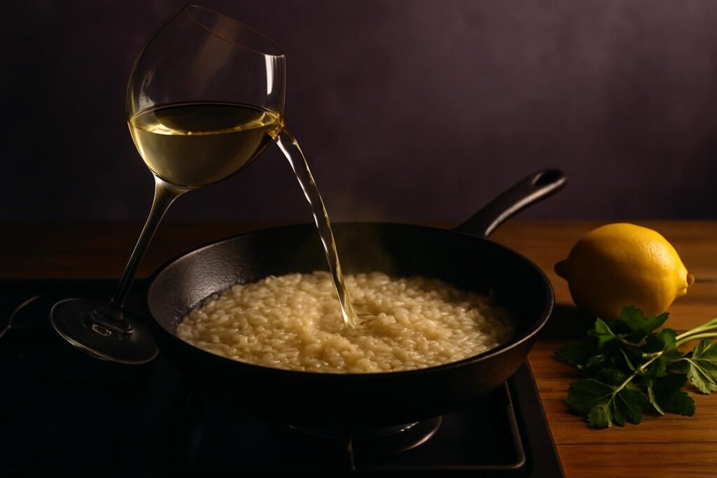 White wine being poured into a pan of risotto rice