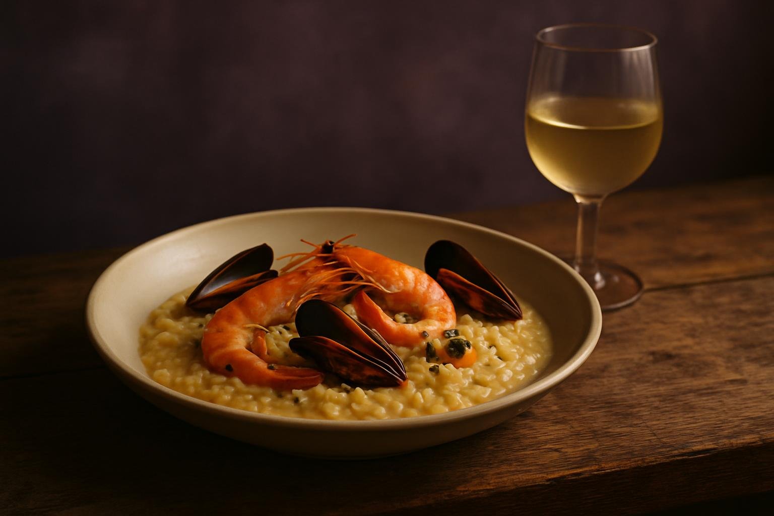Bowl of seafood risotto with prawns beside a glass of white wine
