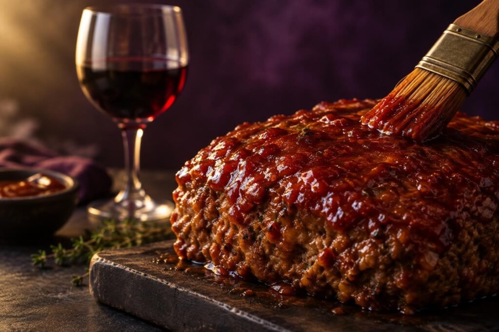 Meatloaf Wine Pairing: What to Pour for Beef or Turkey 2 A glossy tomato glazed meatloaf being brushed with a glass of red wine behind