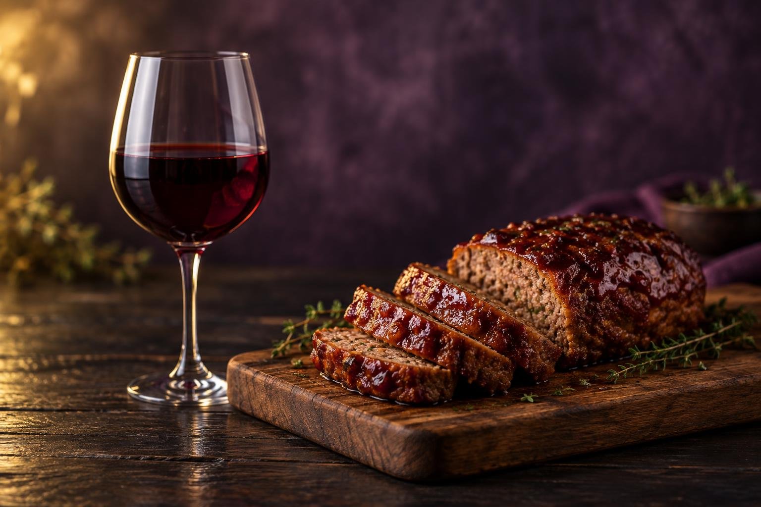 A glass of red wine beside a sliced glazed meatloaf on a wooden board