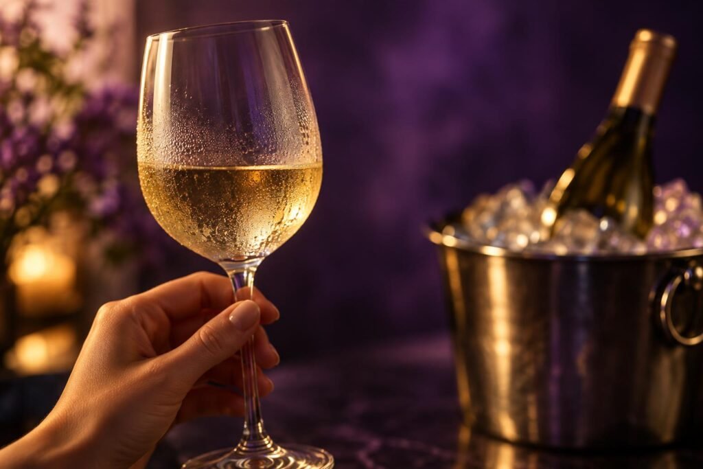 Hand holding a wine glass by the stem to avoid warming a chilled wine