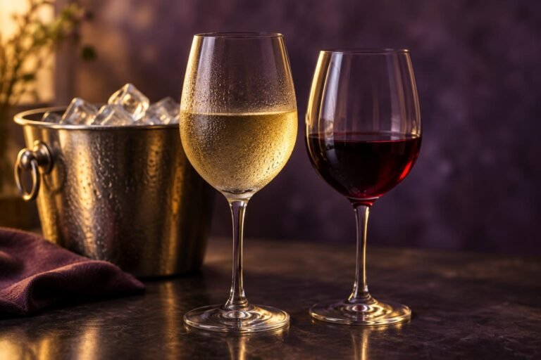 Chilled white wine and red wine glasses beside an ice bucket, illustrating wine serving temperature