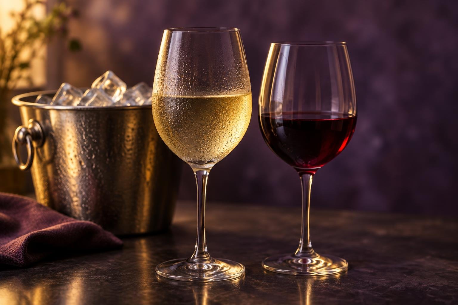 Chilled white wine and red wine glasses beside an ice bucket, illustrating wine serving temperature