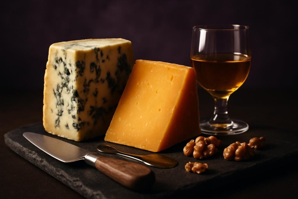 A wedge of blue cheese and a slice of aged cheddar on slate with a glass of golden dessert wine, honey and walnuts