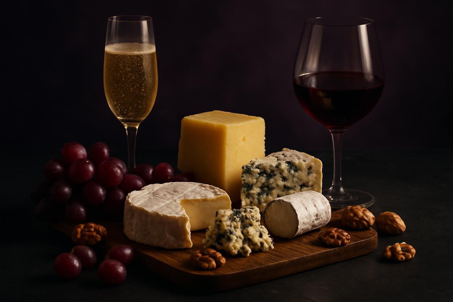 A wooden cheese board with brie, aged cheddar, blue cheese and goat's cheese beside a glass of sparkling wine and a glass of red wine