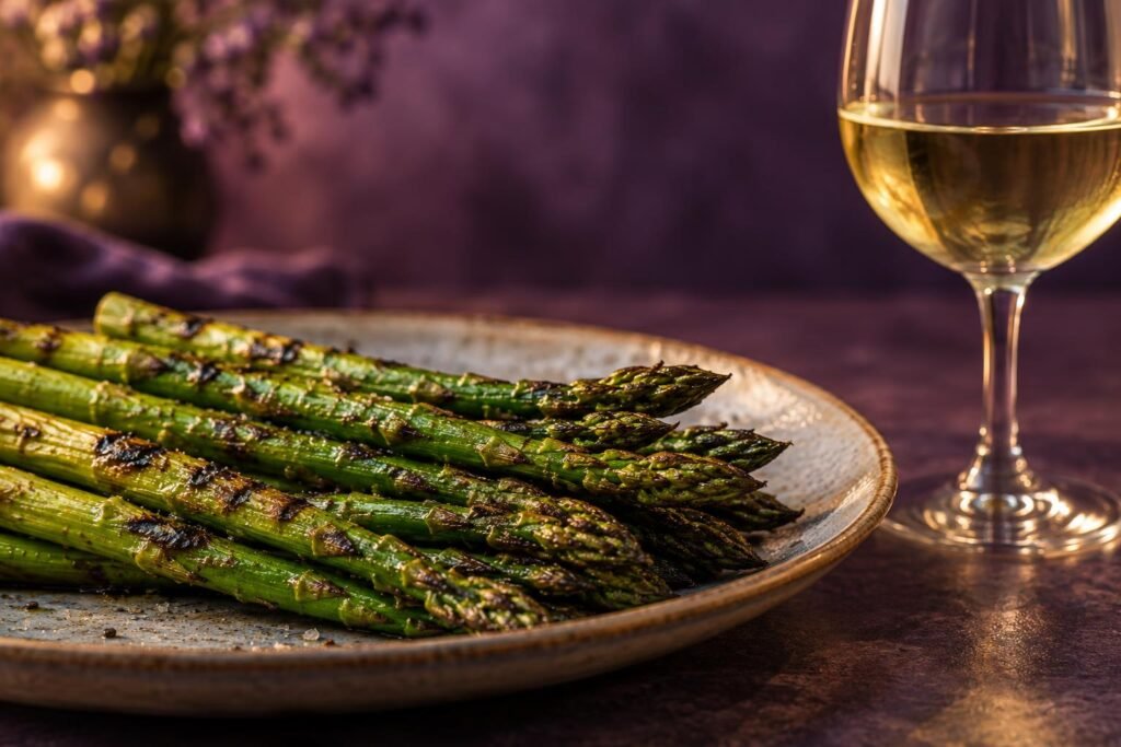 Asparagus and Wine: What to Pour (and What to Avoid) 2 Grilled asparagus spears beside a glass of white wine