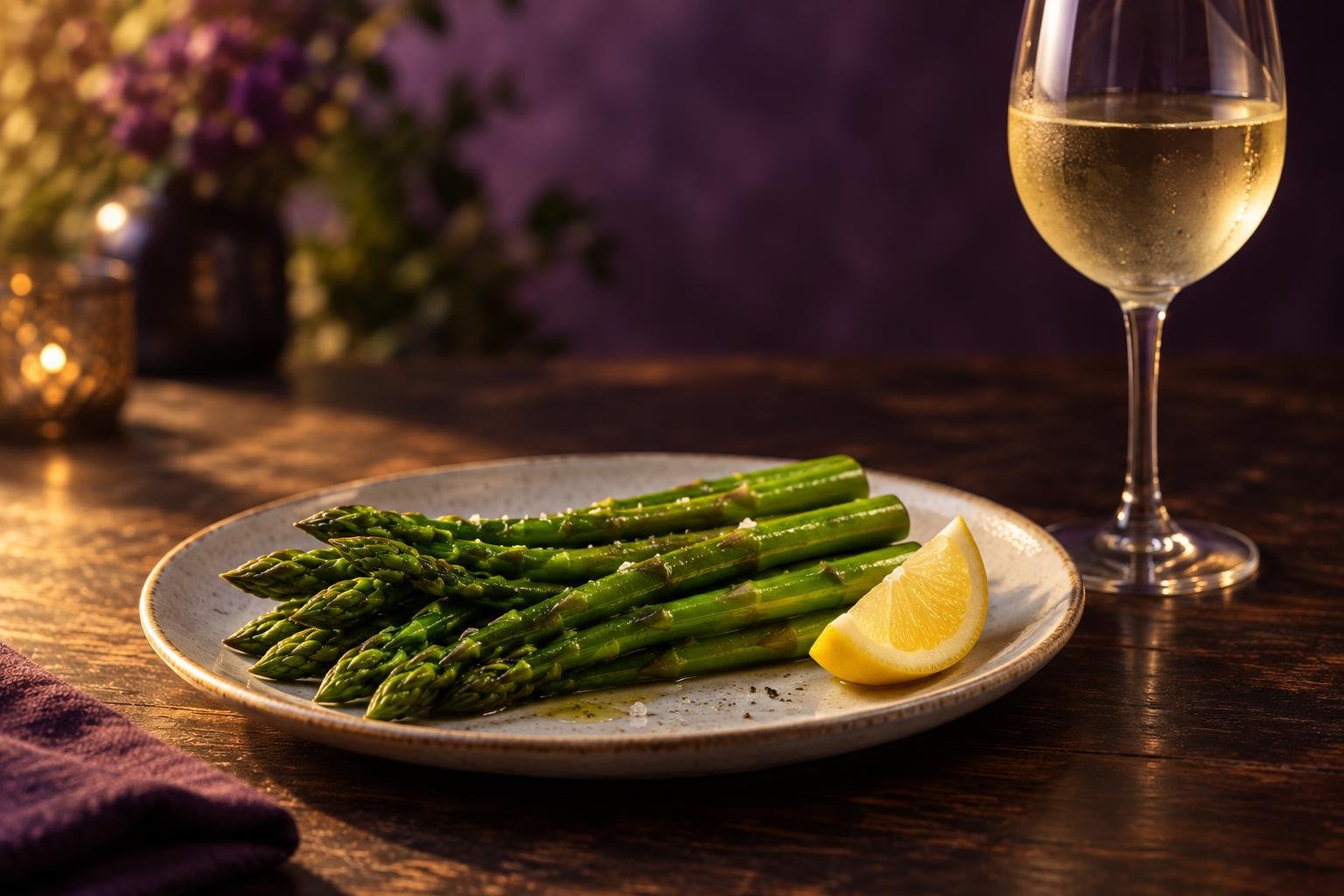 Steamed asparagus spears and a glass of chilled white wine