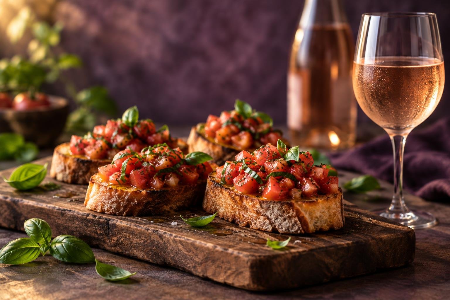Tomato bruschetta on toasted sourdough beside a glass of pale dry rose wine