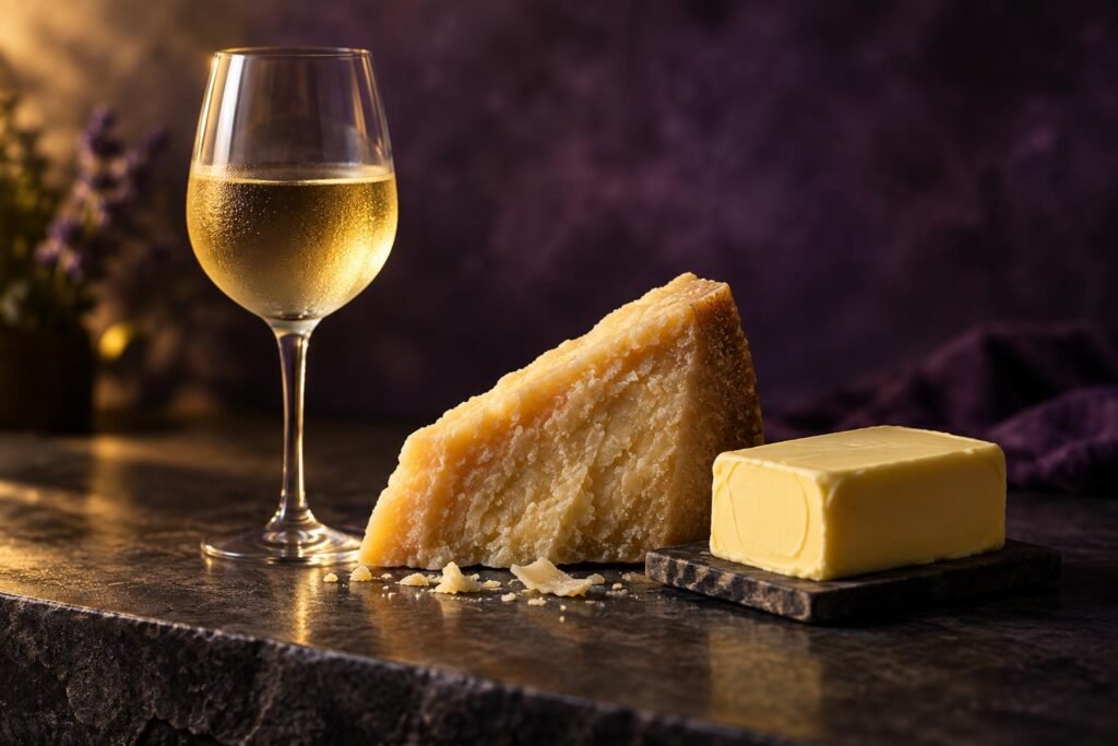 A wedge of aged parmesan and butter beside a chilled glass of white wine