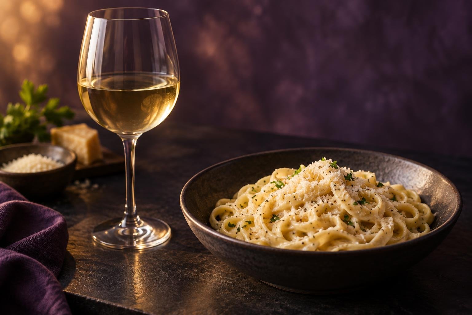 A glass of white wine beside a bowl of fettuccine in creamy sauce with parmesan