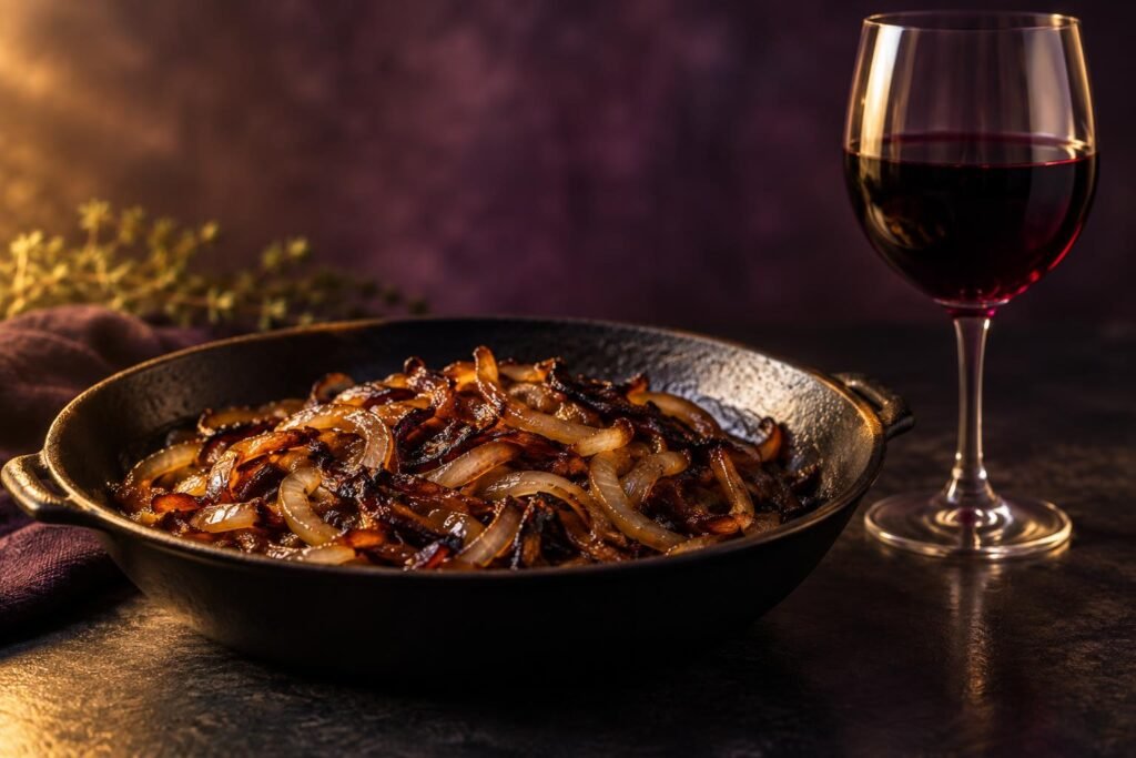 Best Wine for French Onion Soup: Why Sweetness Is the Problem 2 A pan of deeply caramelised sliced onions beside a glass of red wine