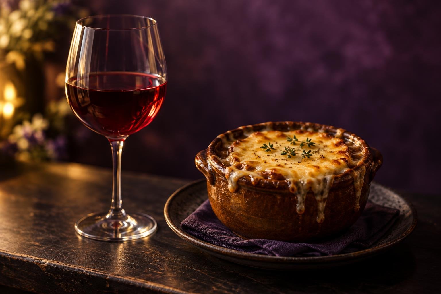 A glass of light red wine beside a bowl of French onion soup with melted cheese