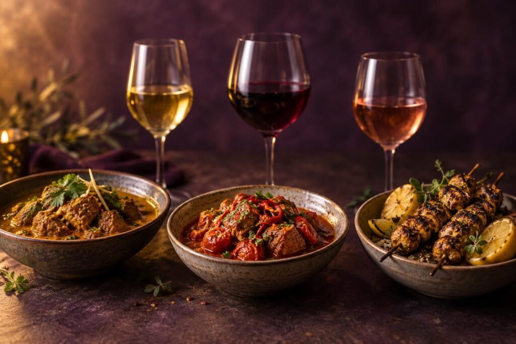 Wine to Pair With Goat Meat: Why Lean Meat Needs a Softer Red 2 Three goat dishes with three different glasses of wine behind them