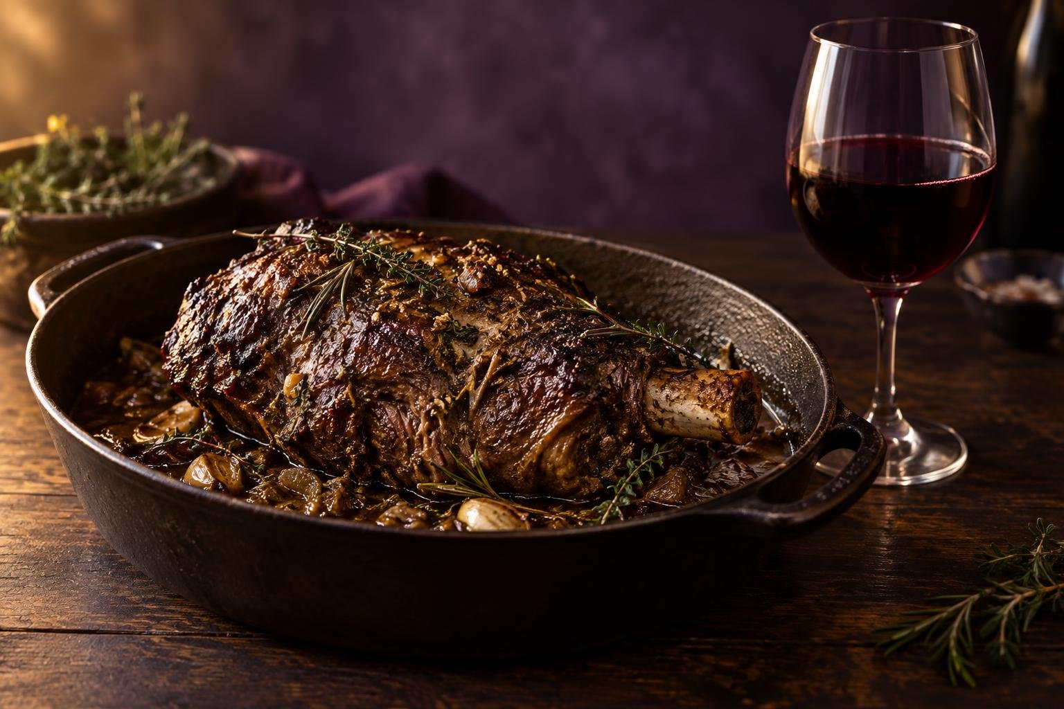 A slow roasted goat shoulder in a braising dish beside a glass of red wine