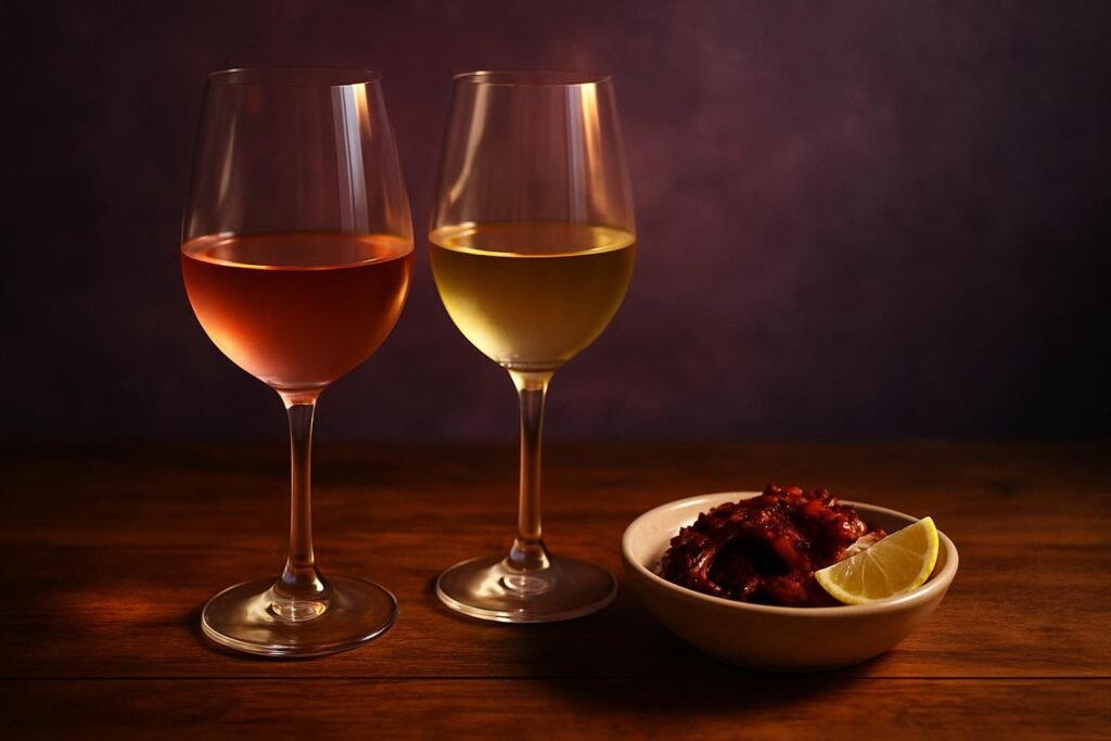 Octopus and Wine: What to Pour (and What to Avoid) 2 Glasses of rose and white wine beside grilled octopus