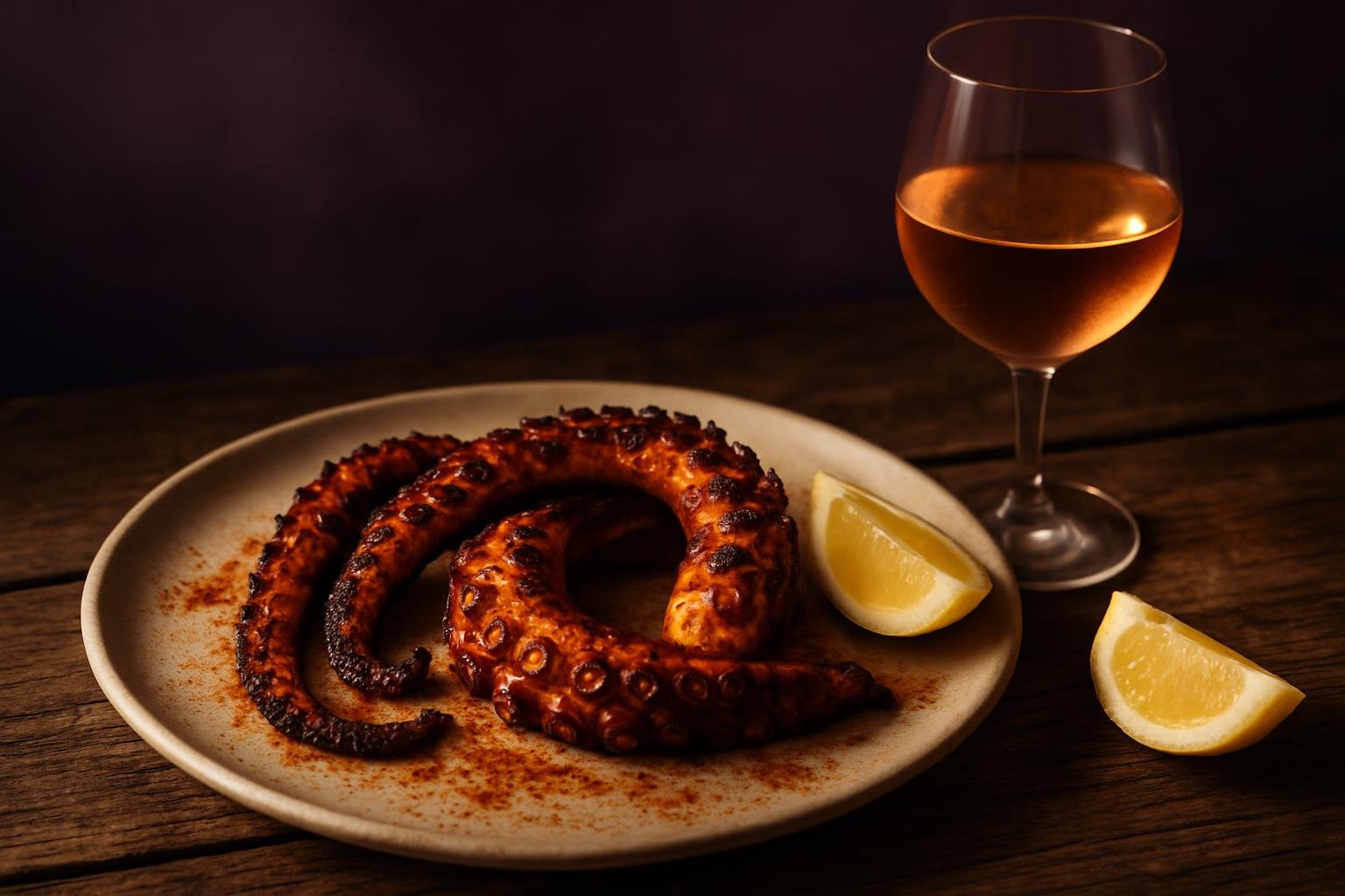 Grilled octopus on a plate beside a glass of rose wine
