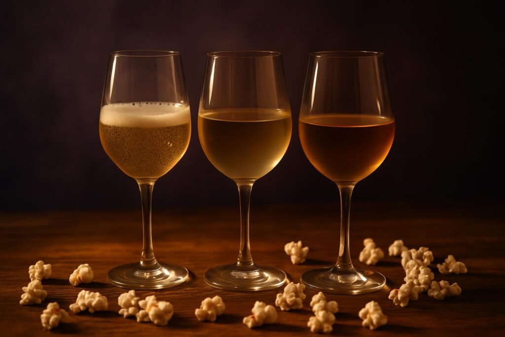 Three glasses of wine beside scattered popcorn