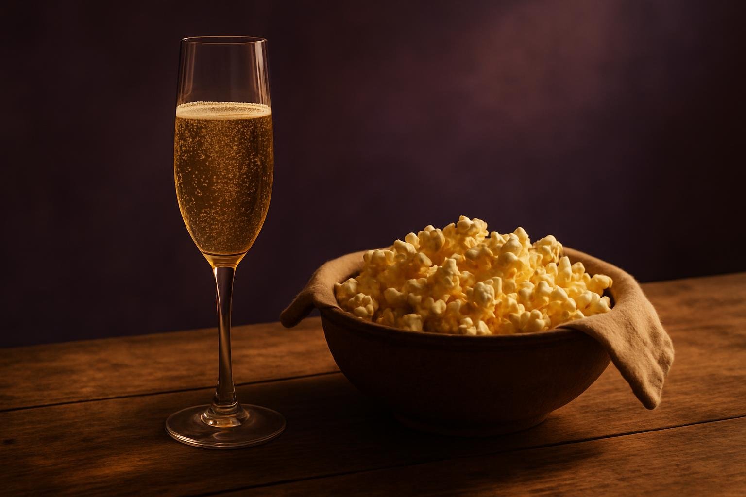 Glass of sparkling wine beside a bowl of popcorn