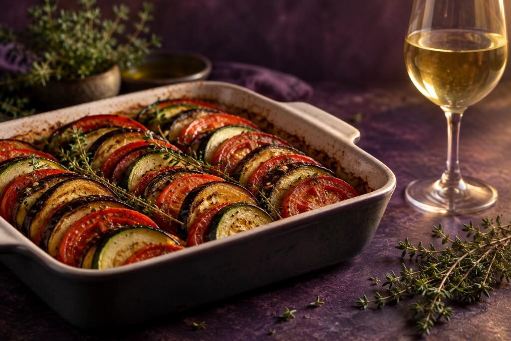 Layered baked ratatouille beside a glass of white wine