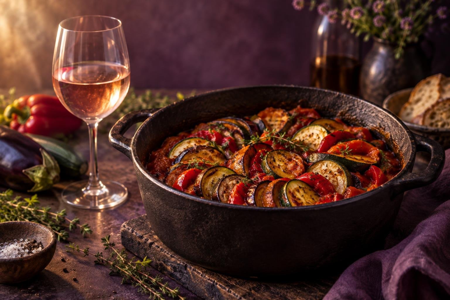 A pot of ratatouille beside a glass of dry rose wine
