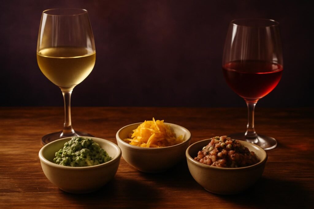 Different ravioli fillings beside glasses of white and red wine