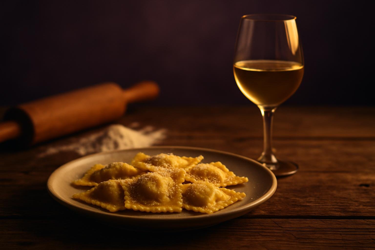 Plate of ravioli beside a glass of white wine on a timber table