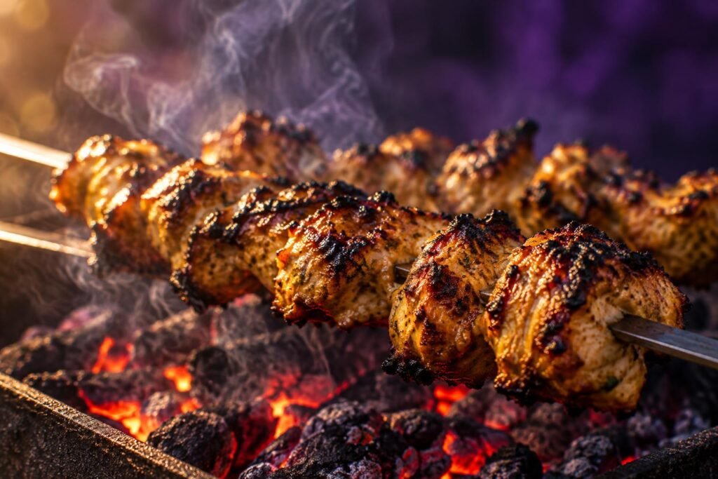 Chicken Tikka Masala Wine Pairing: It Is Not About the Heat 2 Charred yoghurt marinated chicken pieces on skewers over glowing coals