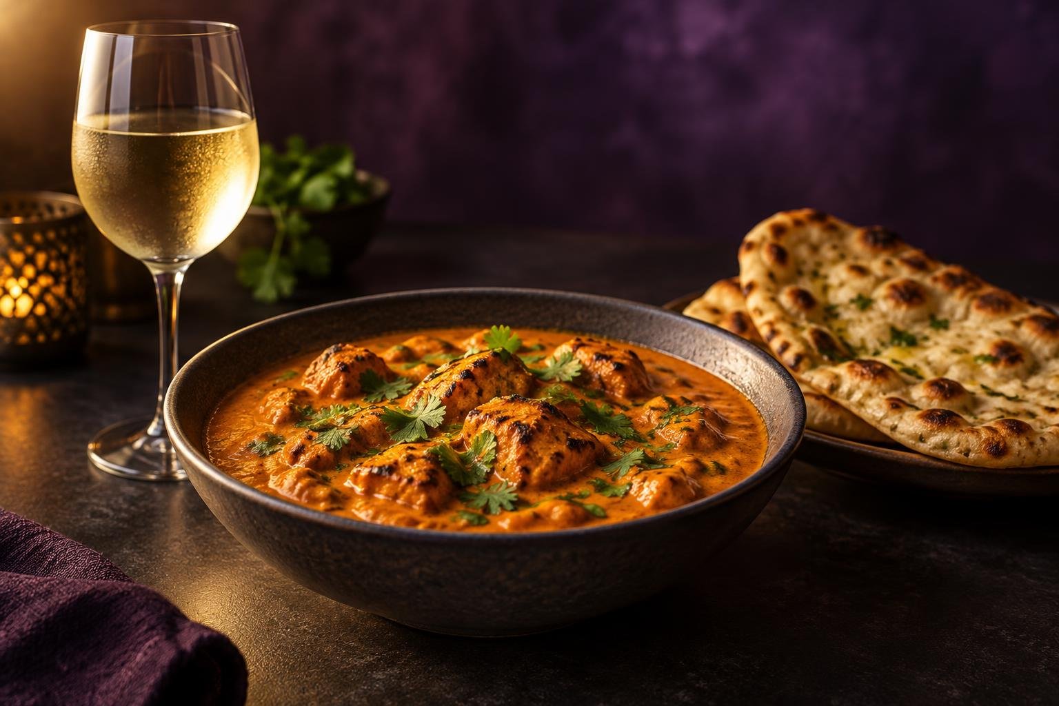 Chicken tikka masala in a bowl with naan beside a glass of chilled dry white wine