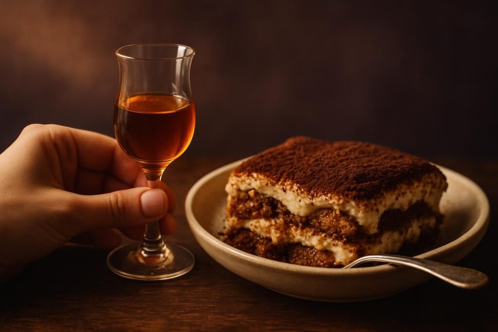 Tiramisu and Wine: What to Pour (and What to Avoid) 2 Small glass of amber dessert wine beside a dish of tiramisu