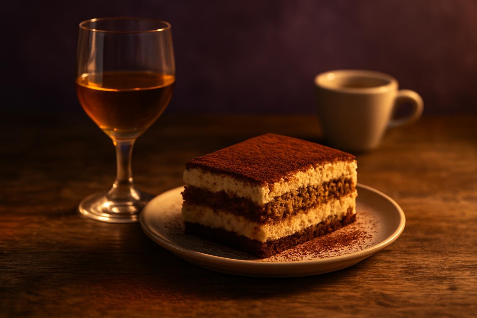 Slice of tiramisu beside a glass of golden dessert wine