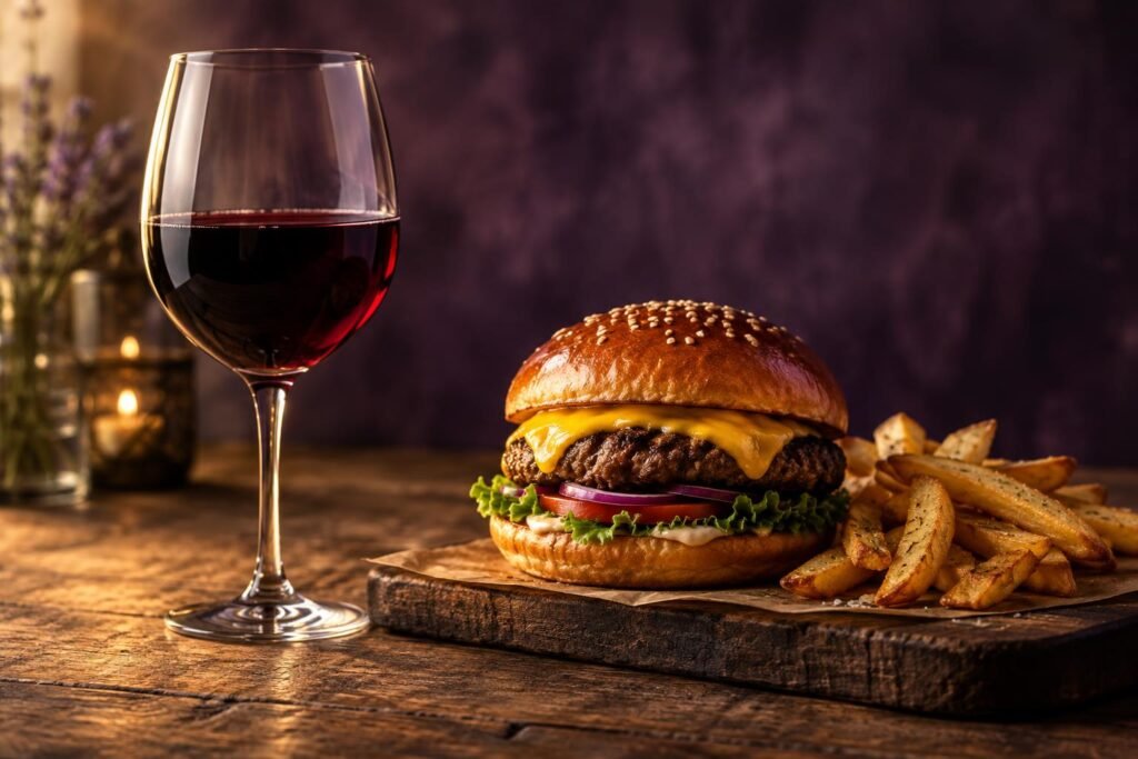 Glass of Shiraz next to a cheeseburger and chips