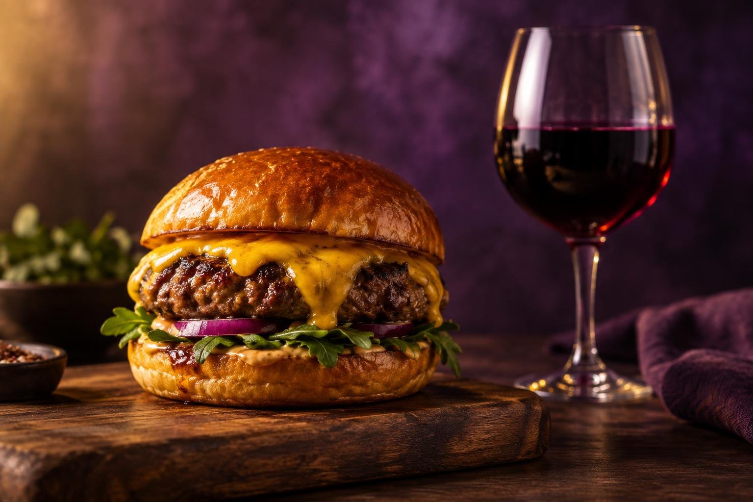 Beef burger with melted cheese beside a glass of red wine