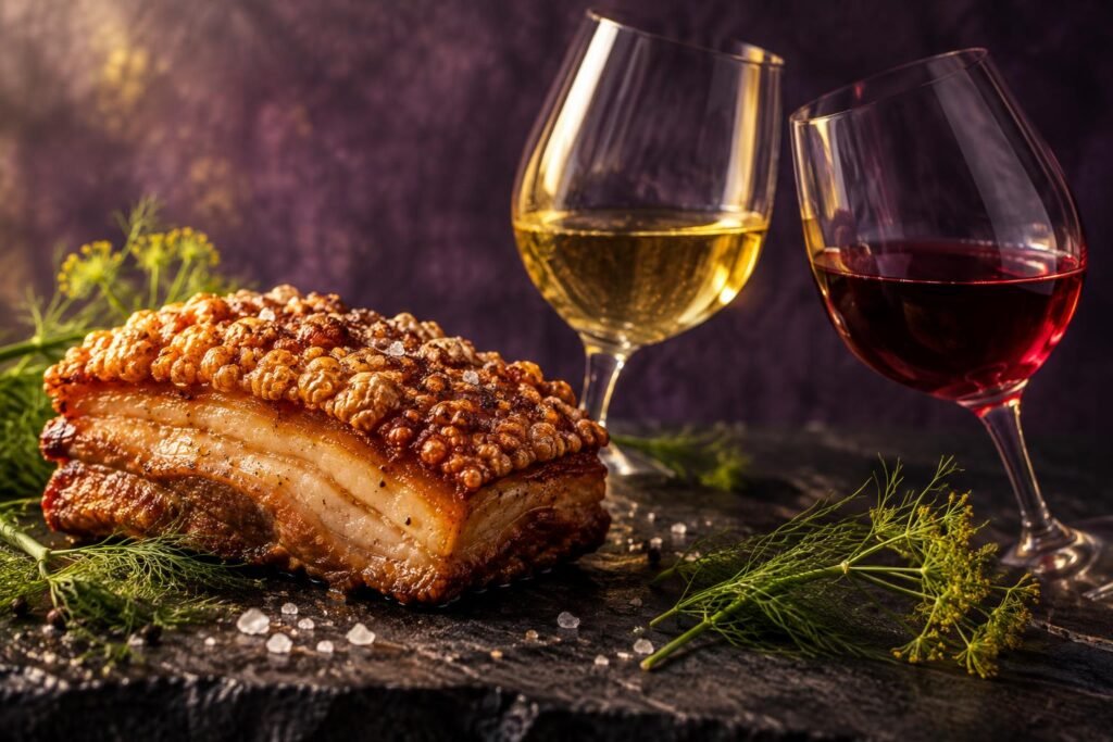 Crisp pork belly crackling beside a glass of Riesling and a glass of Pinot Noir