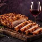 Sliced roast pork belly with crisp crackling beside glasses of red and white wine