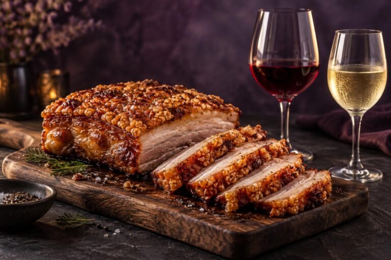 Best Wine With Pork Belly: Crisp Whites and Juicy Reds 1 Sliced roast pork belly with crisp crackling beside glasses of red and white wine