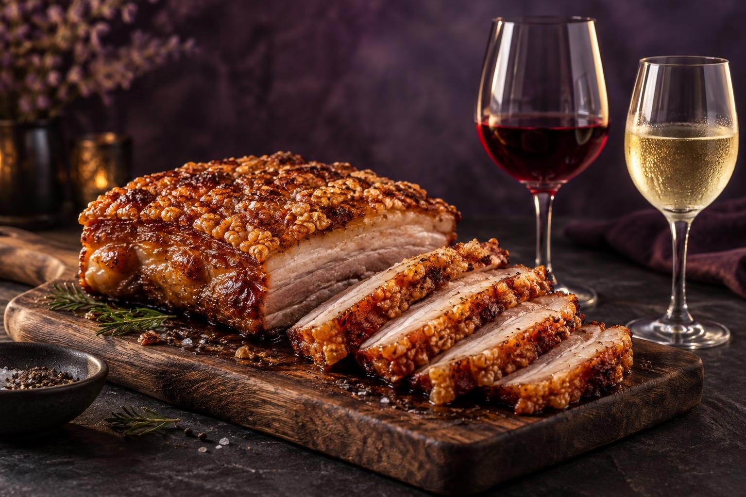 Sliced roast pork belly with crisp crackling beside glasses of red and white wine