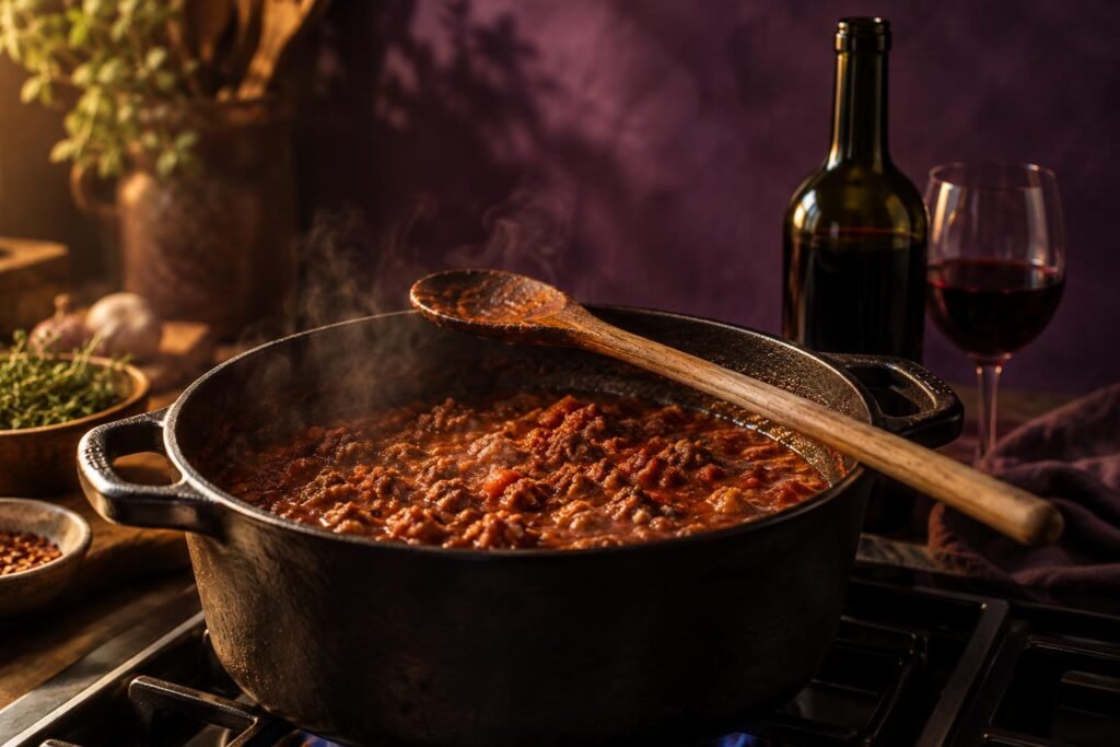 What Wine Goes With Spaghetti Bolognese? Easy Pairings That Work 2 A cast iron pot of ragu simmering beside an open bottle of red wine