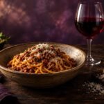 A bowl of spaghetti bolognese next to a glass of red wine on a dark timber table