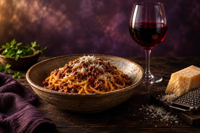 What Wine Goes With Spaghetti Bolognese? Easy Pairings That Work 2 A bowl of spaghetti bolognese next to a glass of red wine on a dark timber table