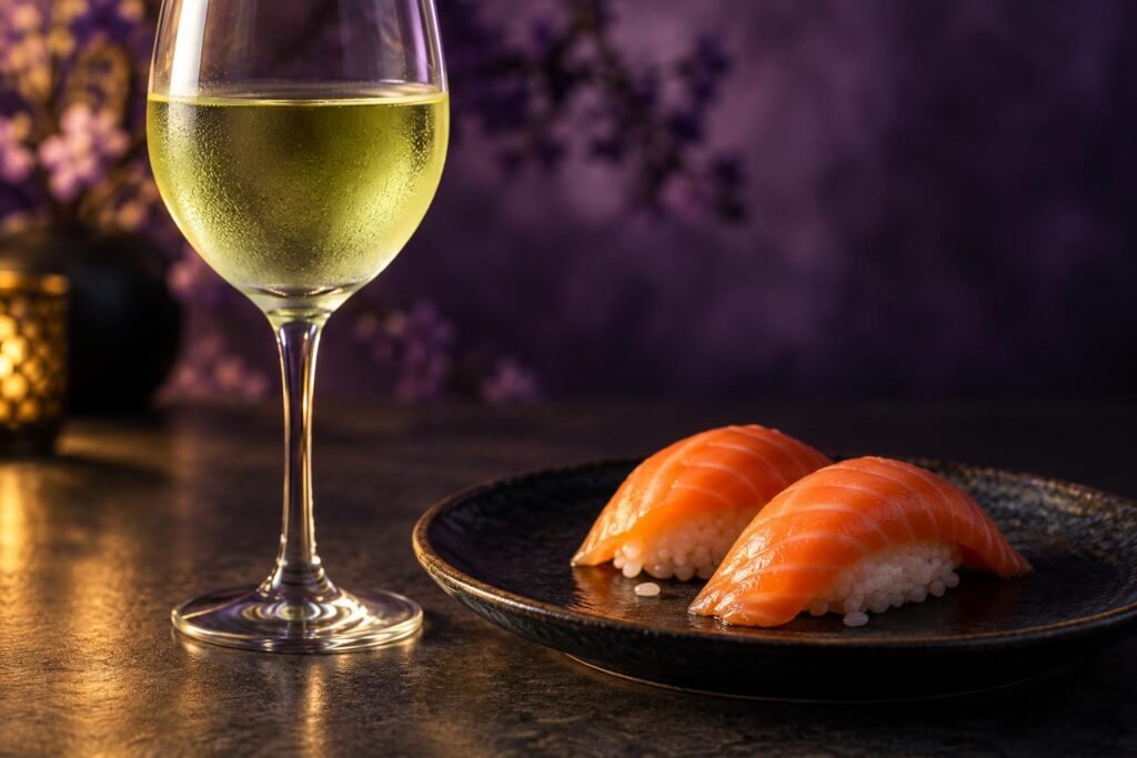 Glass of chilled Riesling beside salmon nigiri