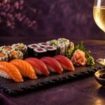 Sushi platter with a glass of chilled white wine
