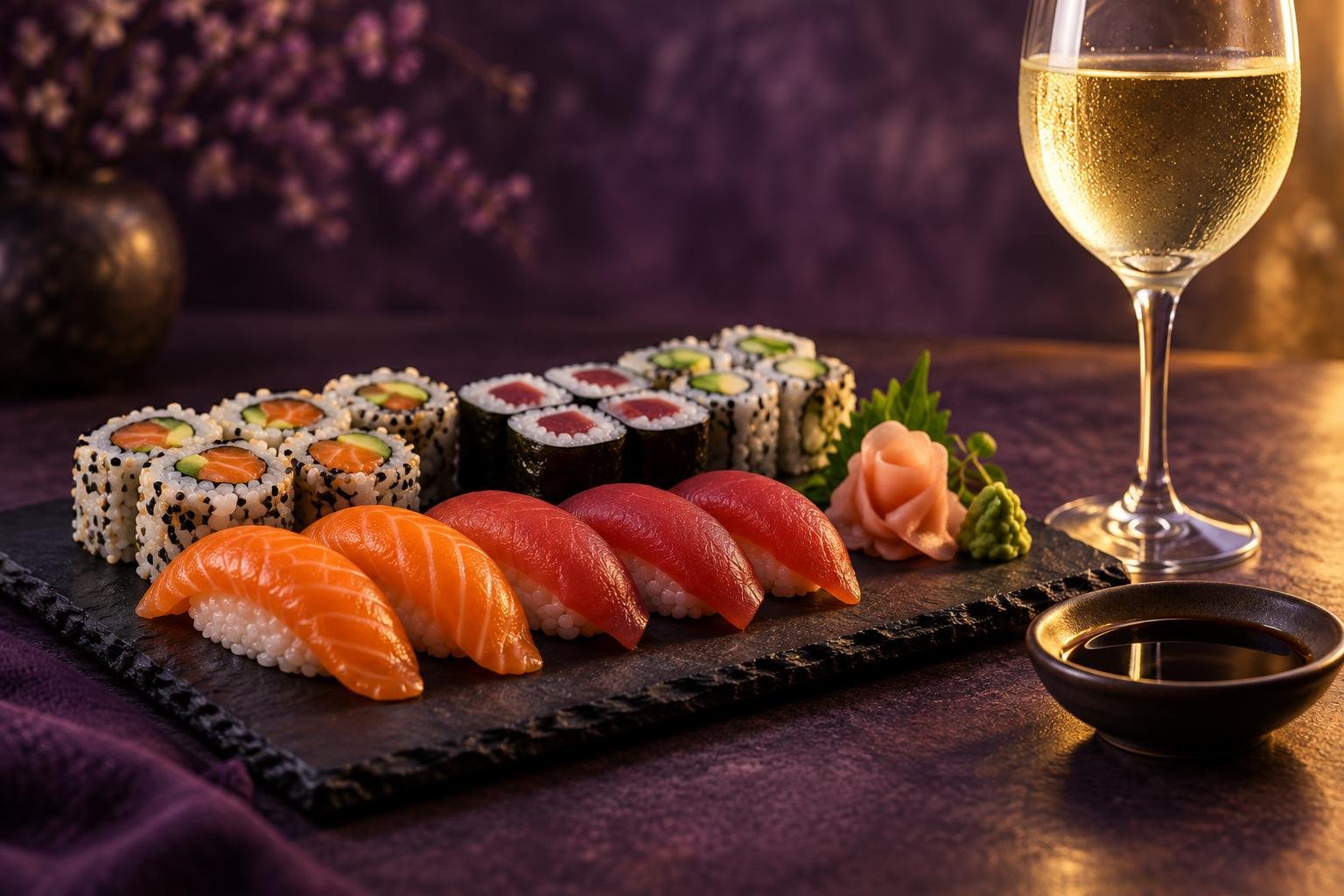 Sushi platter with a glass of chilled white wine