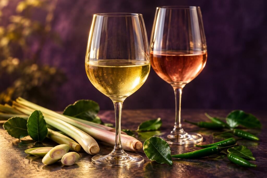 Two white wine glasses with lemongrass, lime leaves and chillies