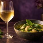 A glass of off-dry Riesling beside a bowl of Thai green curry