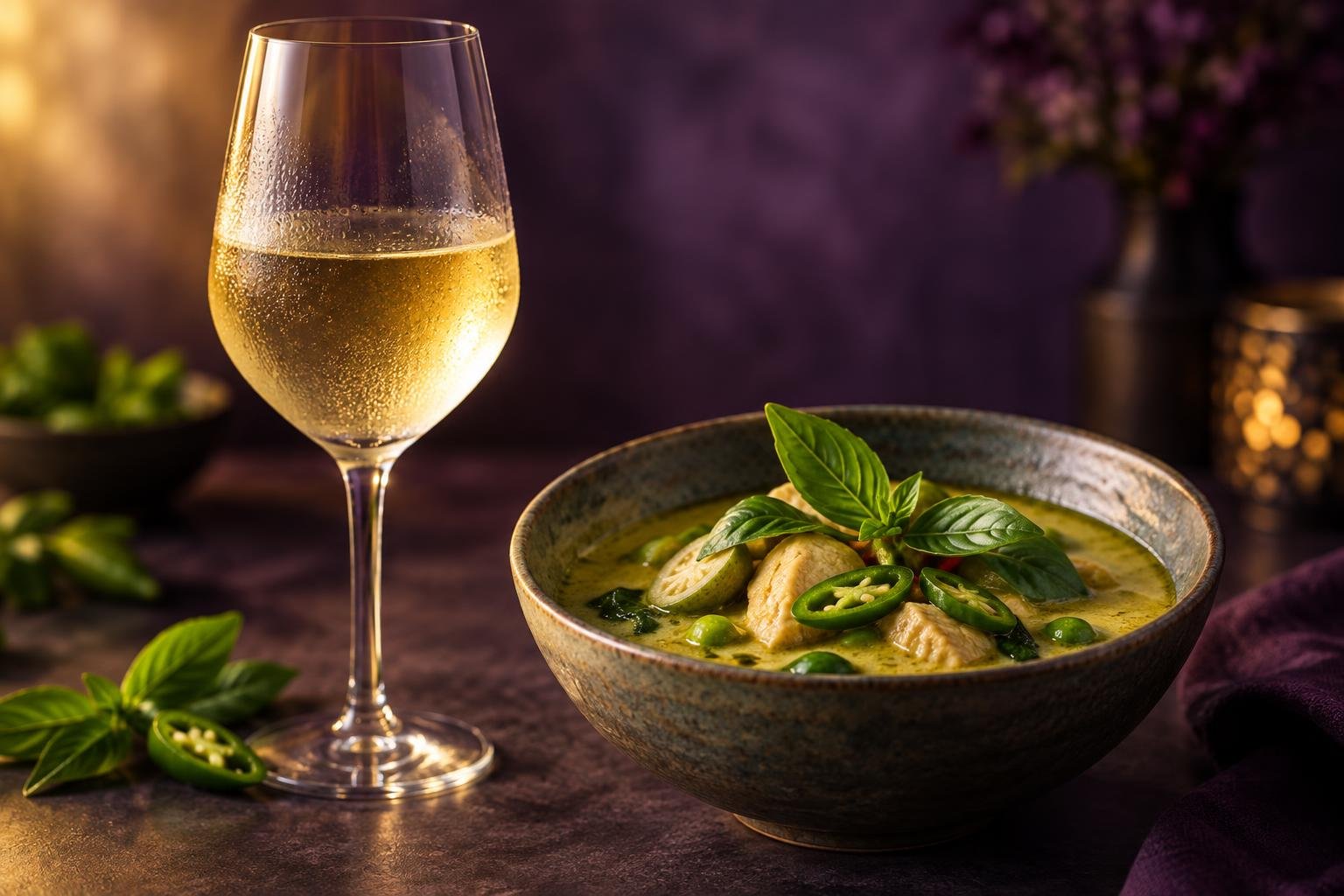 A glass of off-dry Riesling beside a bowl of Thai green curry