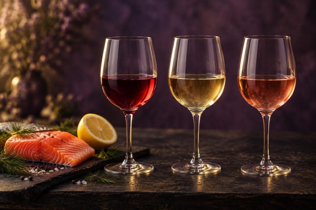 Three glasses of wine, red, white and rose, beside a raw salmon fillet and half a lemon