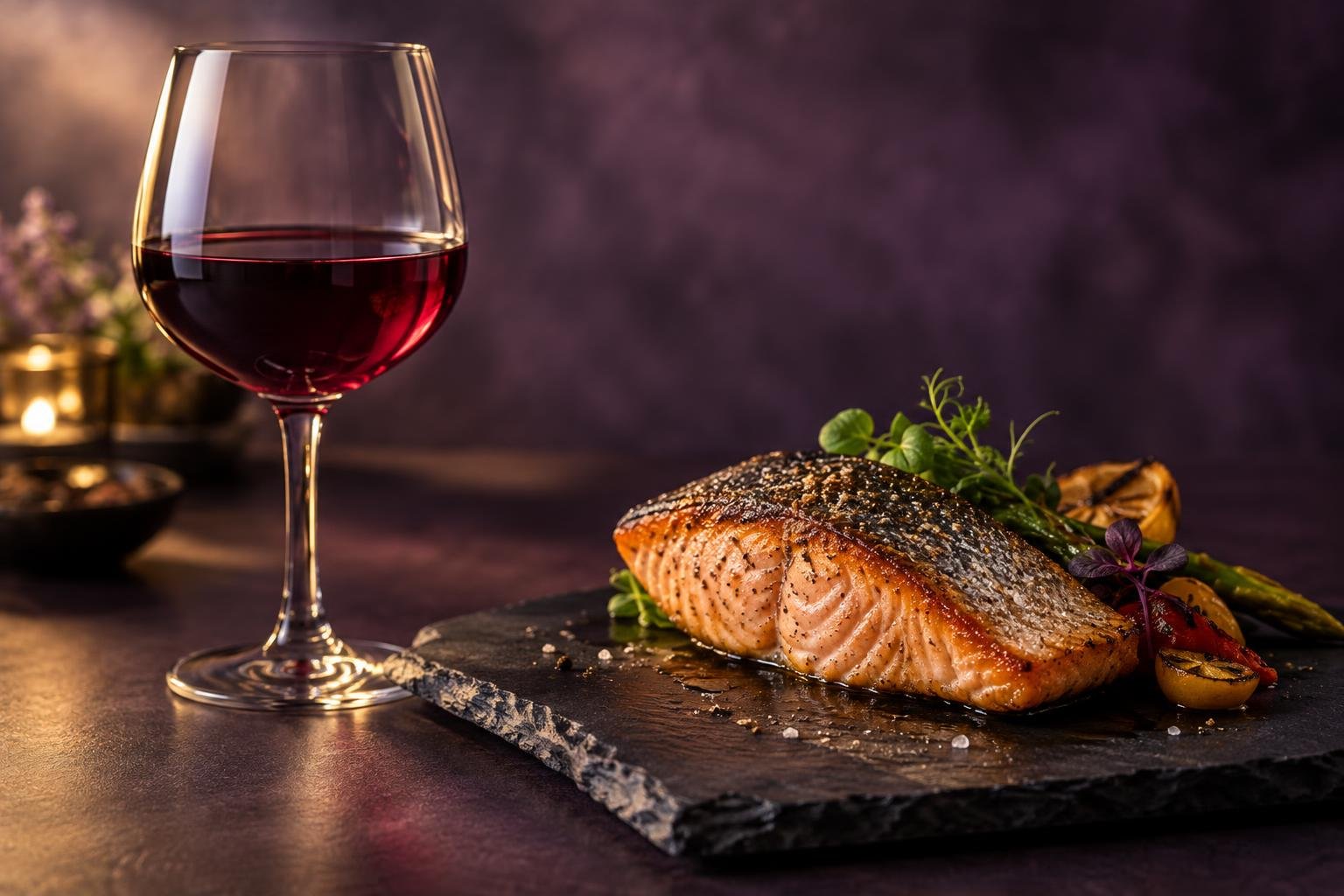A glass of light red wine beside a seared salmon fillet on a dark slate plate