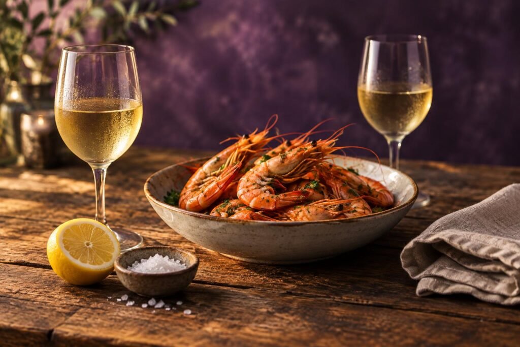 Two glasses of white wine on a table with prawns, lemon and sea salt