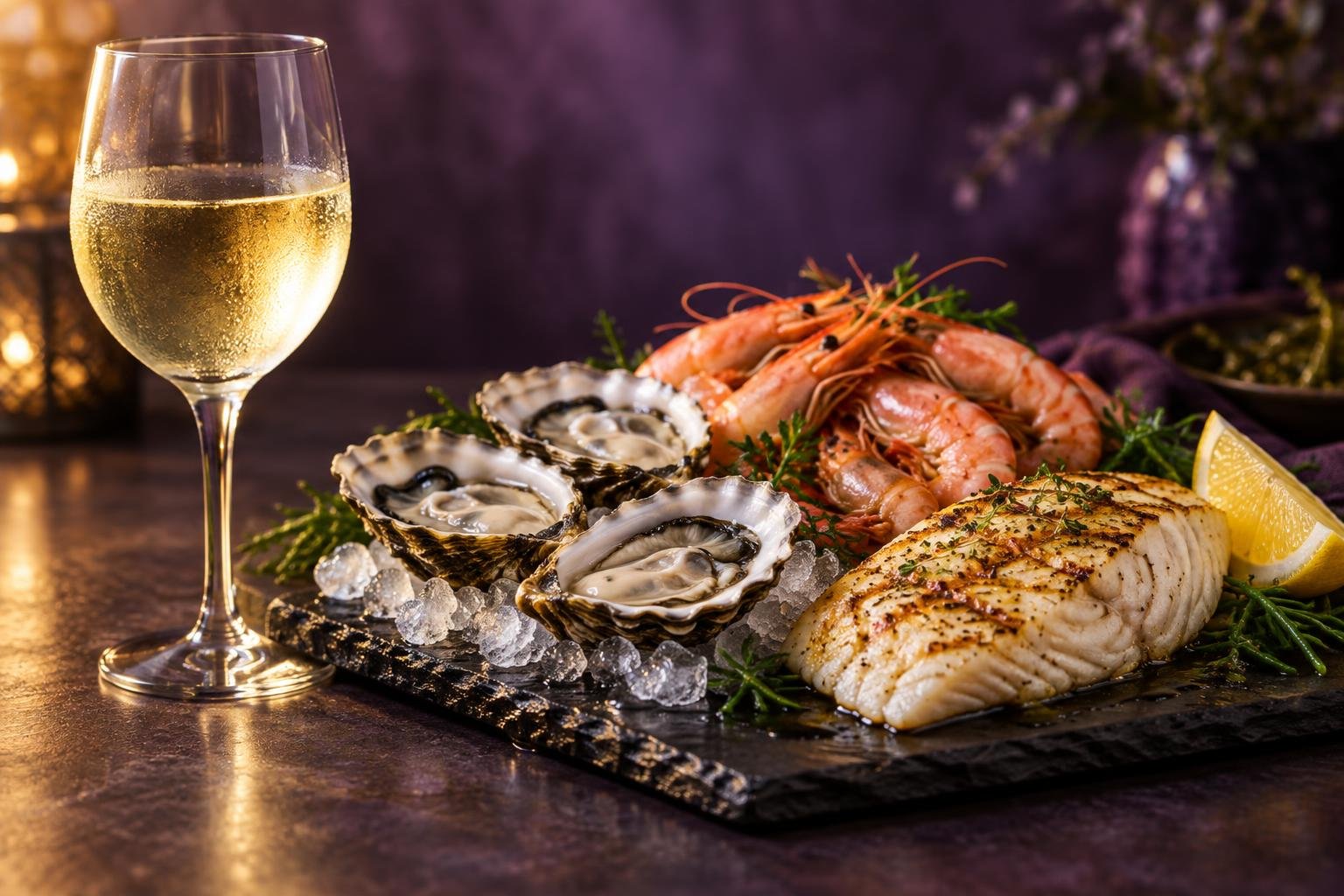 Glass of crisp white wine beside a platter of oysters, prawns and grilled fish