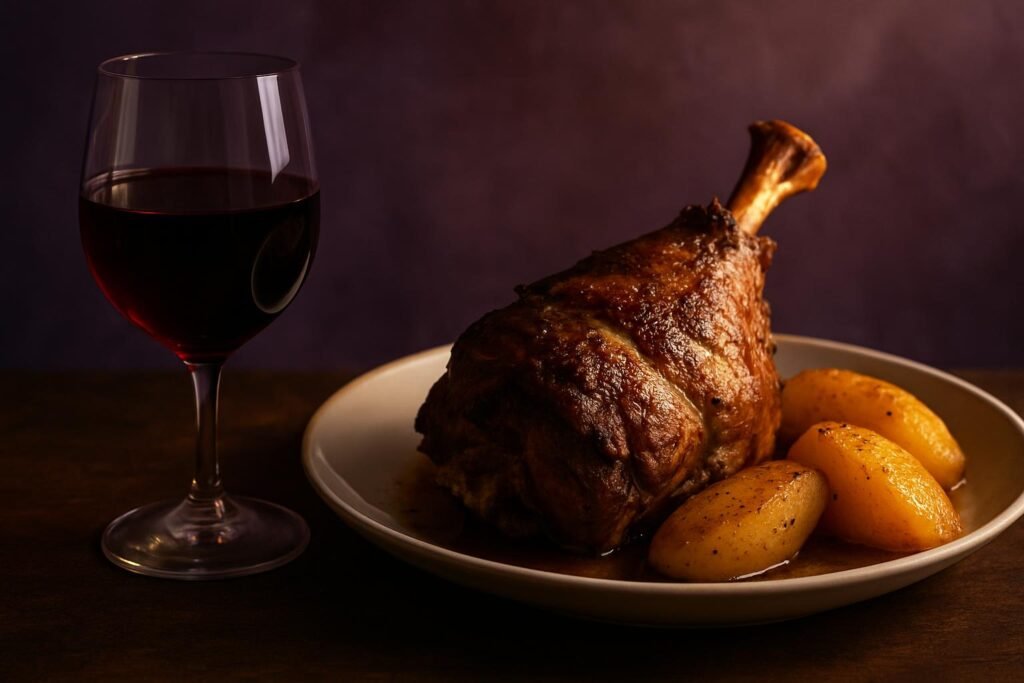 Xinomavro Wine Guide: Greece's Answer to Nebbiolo 2 Glass of Xinomavro beside Greek roast lamb and lemon potatoes
